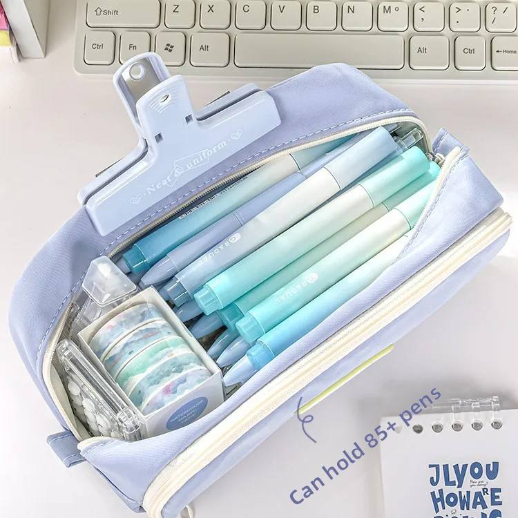 Creative Large Capacity Double Layer Canvas Pencil Case Waterproof Durable Zipper Closure Macron Color Pencil Bag Student School Supplies