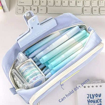 Creative Large Capacity Double Layer Canvas Pencil Case Waterproof Durable Zipper Closure Macron Color Pencil Bag Student School Supplies