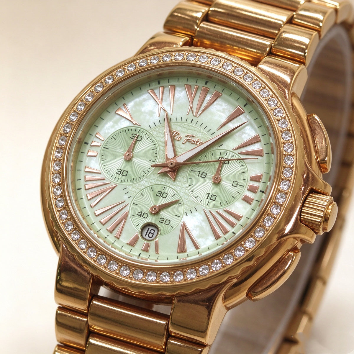 Folli Follie Gold Chronograph Ladies Watch Light Green Dial Crystal Bezel Metal Band Quartz Watch