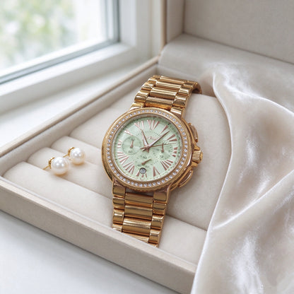 Folli Follie Gold Chronograph Ladies Watch Light Green Dial Crystal Bezel Metal Band Quartz Watch