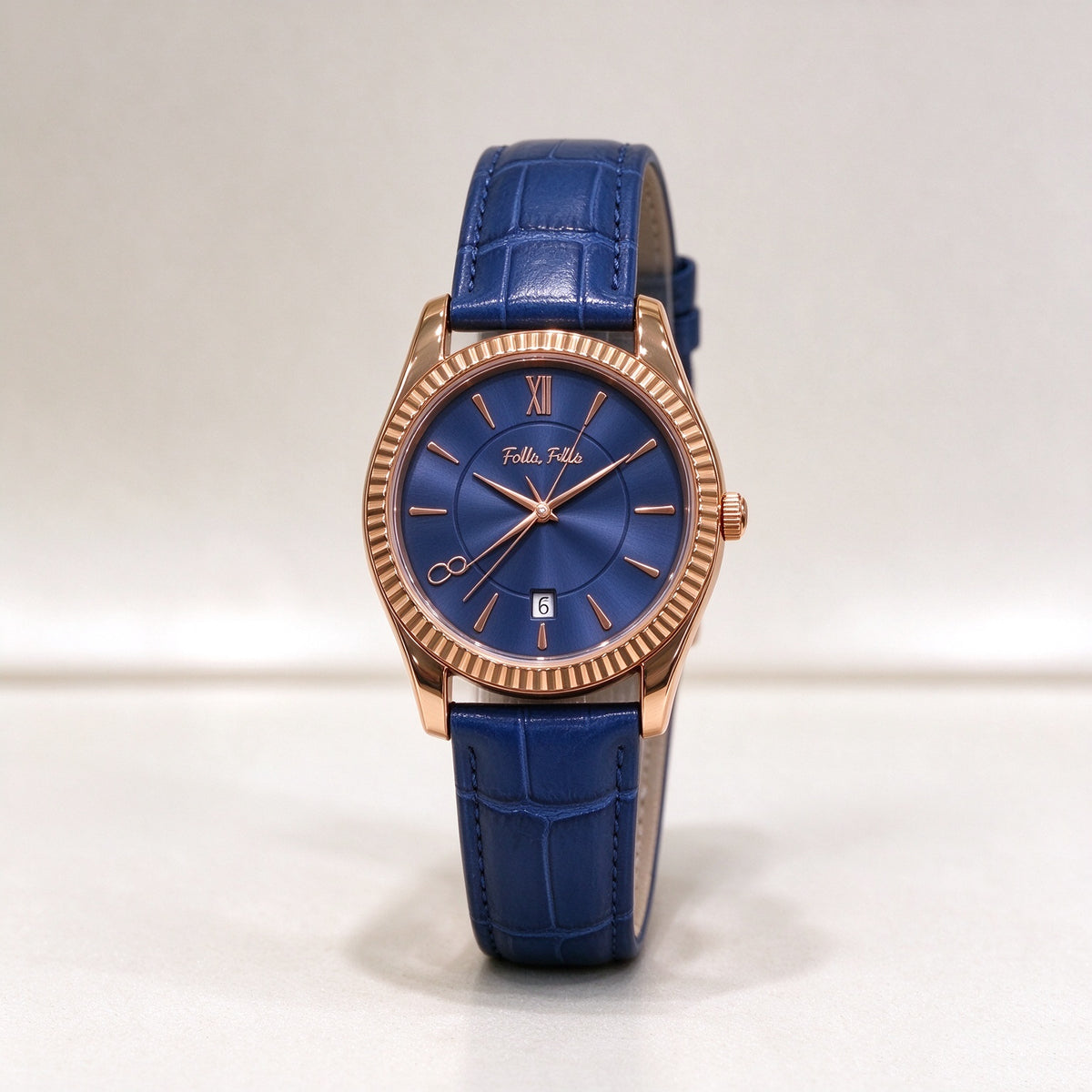 Folli Follie Women Quartz Watch, Rose Gold Fluted Bezel, Date Window, Croc Embossed Blue Leather Strap Wrist Watch