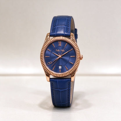 Folli Follie Women Quartz Watch, Rose Gold Fluted Bezel, Date Window, Croc Embossed Blue Leather Strap Wrist Watch
