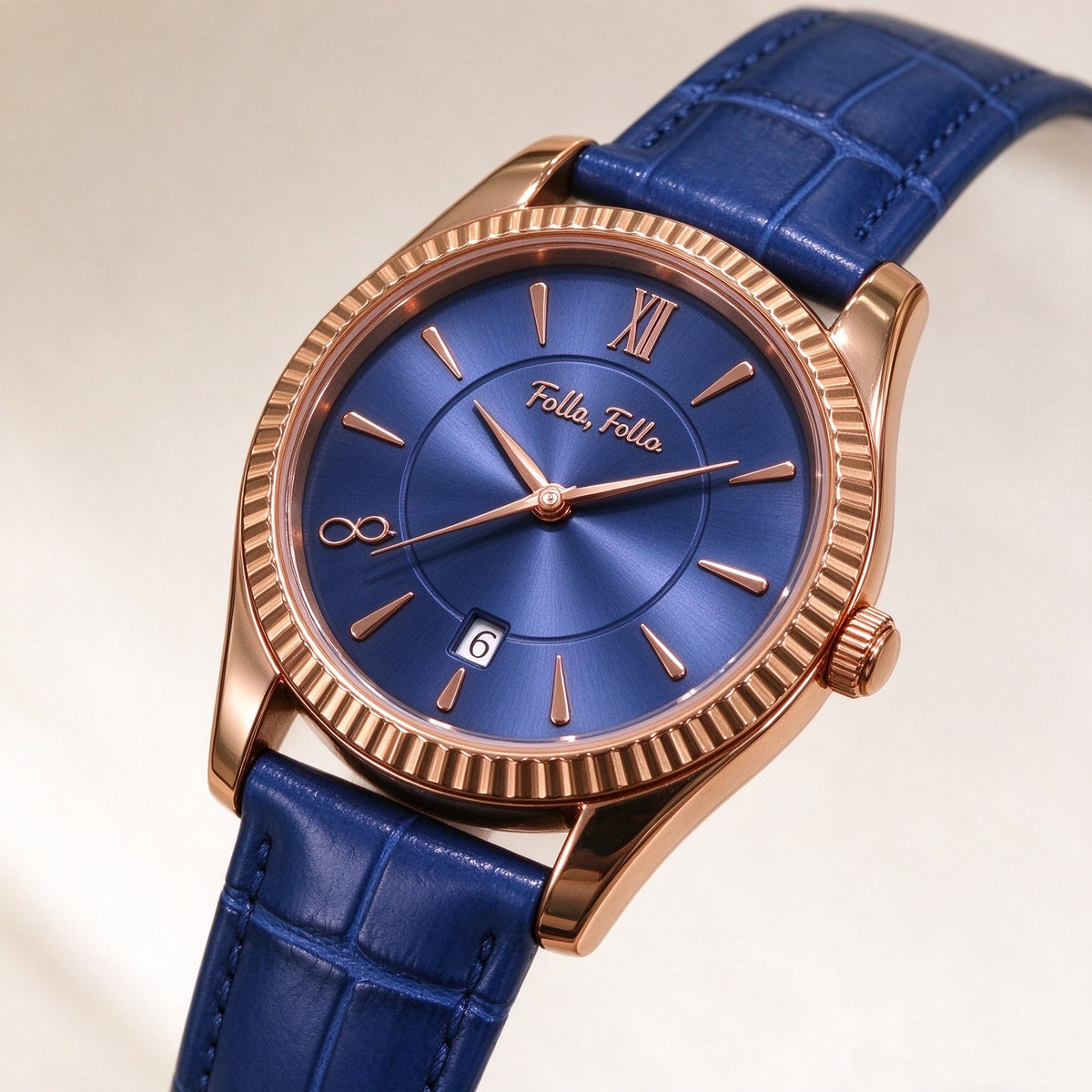 Folli Follie Women Quartz Watch, Rose Gold Fluted Bezel, Date Window, Croc Embossed Blue Leather Strap Wrist Watch