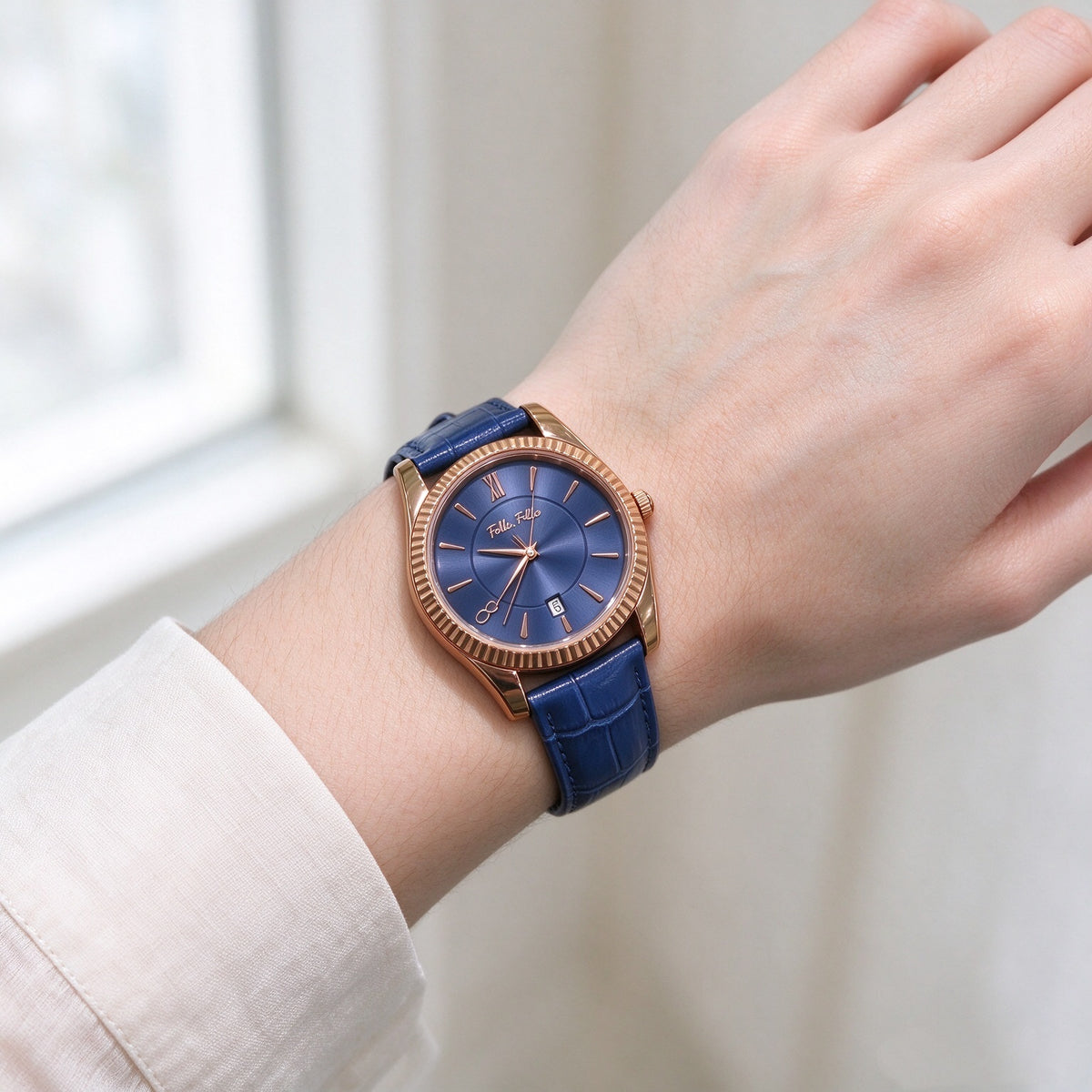 Folli Follie Women Quartz Watch, Rose Gold Fluted Bezel, Date Window, Croc Embossed Blue Leather Strap Wrist Watch
