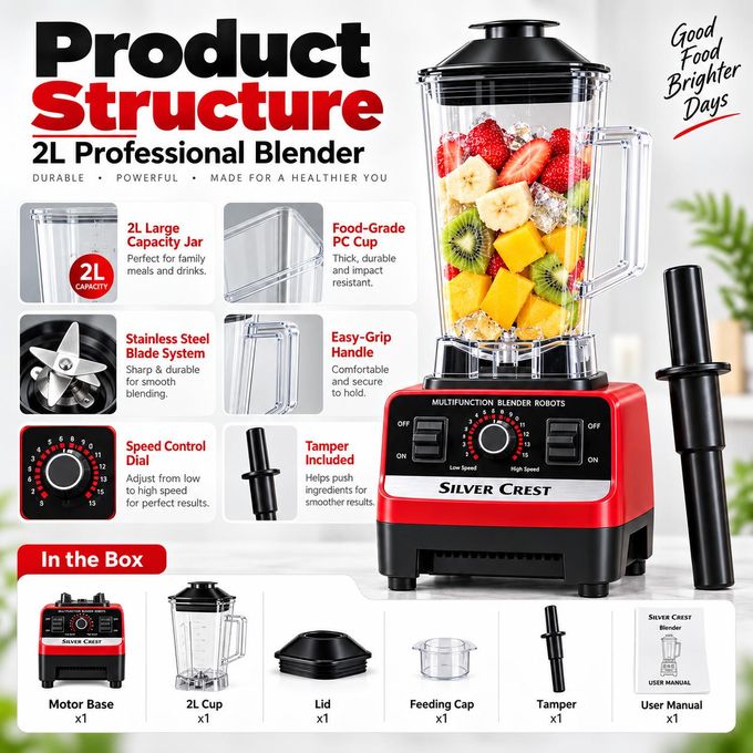 SILVER CREST LM  2.0L 1200W High-Speed Multifunction Blender with 6-Leaf Stainless Steel Blades, Large PC Jar - Red/Black