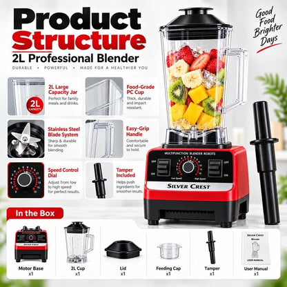 SILVER CREST LM  2.0L 1200W High-Speed Multifunction Blender with 6-Leaf Stainless Steel Blades, Large PC Jar - Red/Black
