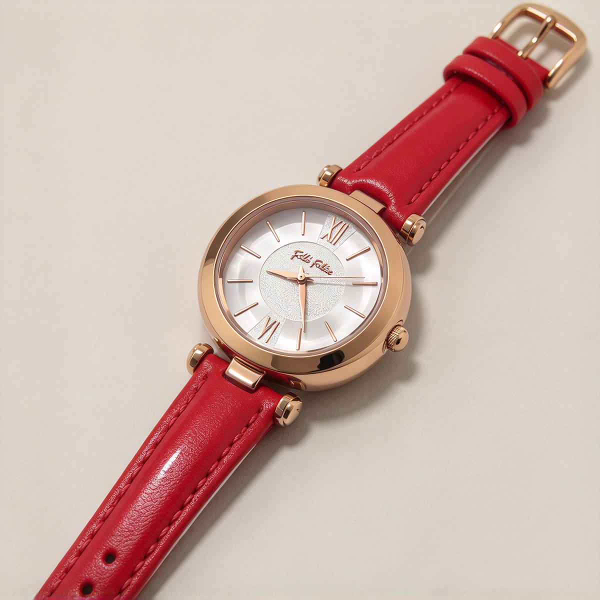 Folli Follie Ladies Watch, Rose Gold Round Case, White Leather Strap, Roman Numeral Dial Quartz Wristwatch