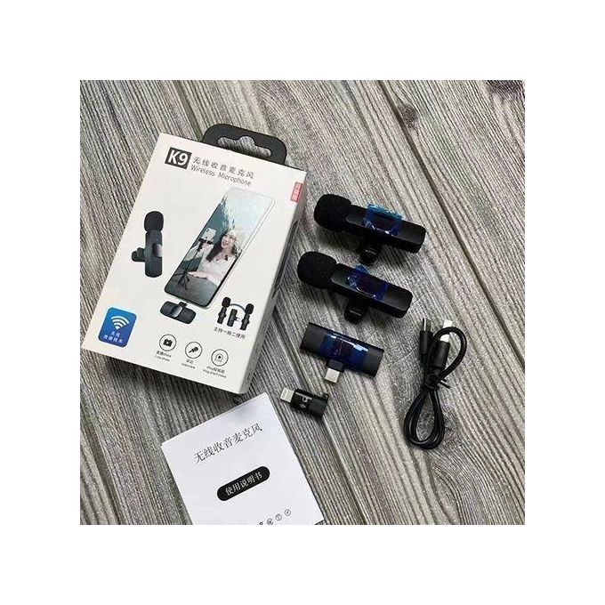 K9 Double Wireless Lapel Microphone Tie Mic TYPE-C Phones Android IPhone + IOS Adapter
