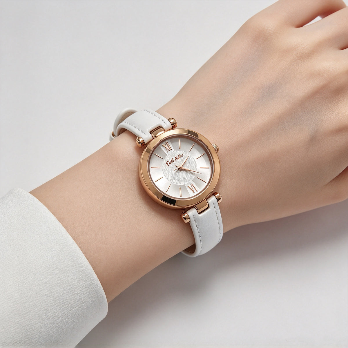 Folli Follie Ladies Watch, Rose Gold Round Case, White Leather Strap, Roman Numeral Dial Quartz Wristwatch