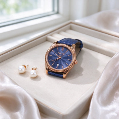 Folli Follie Women Quartz Watch, Rose Gold Fluted Bezel, Date Window, Croc Embossed Blue Leather Strap Wrist Watch