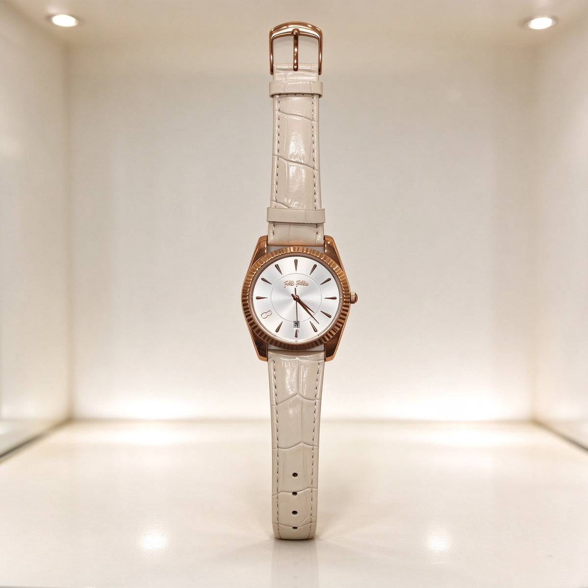 Folli Follie Women Watch, Fluted Bezel Date Quartz Wristwatch, Croc Embossed Leather Strap, 3 Colors Green, Pink & Red