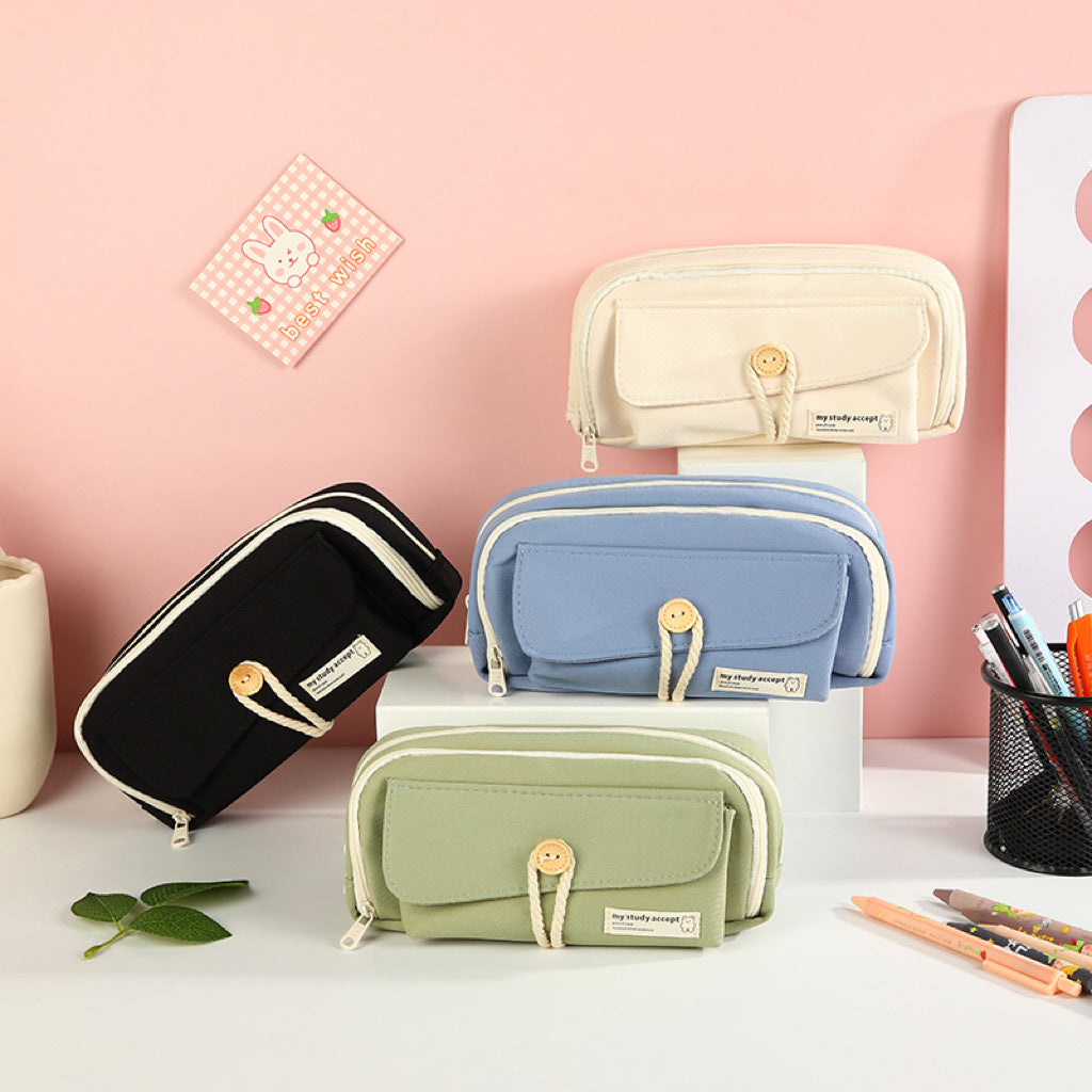 Large Capacity Three Layer Pencil Case Cute Canvas Pen Pouch Bag Cosmetic Bag Portable Storage Bag for Teen Students Office School Supplies
