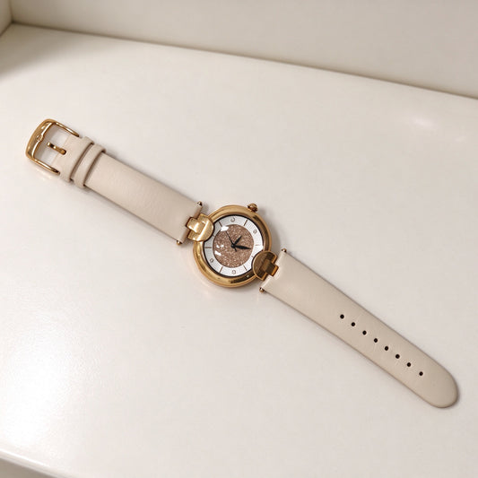 Folli Follie Women Watch, Gold Case Glitter Dial, Beige Leather Strap, Elegant Quartz Wristwatch