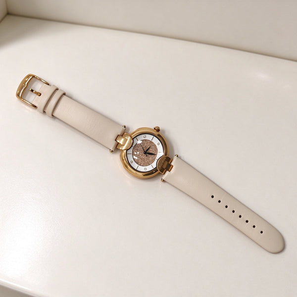 Folli Follie Women Watch, Gold Case Glitter Dial, Beige Leather Strap, Elegant Quartz Wristwatch