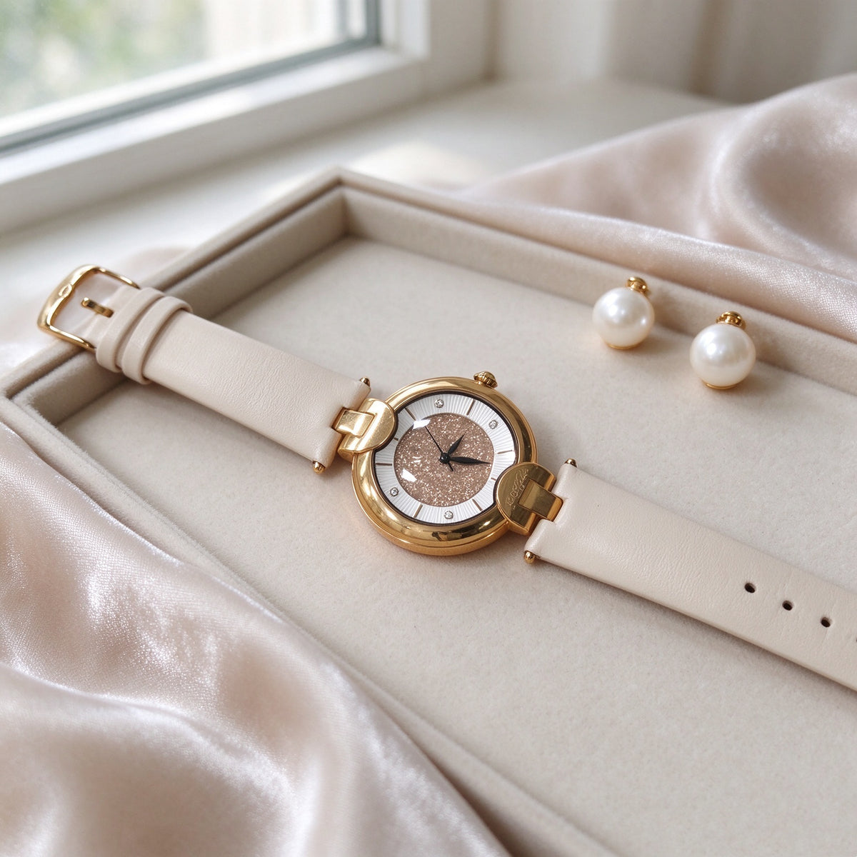 Folli Follie Women Watch, Gold Case Glitter Dial, Beige Leather Strap, Elegant Quartz Wristwatch