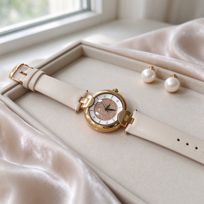 Folli Follie Women Watch, Gold Case Glitter Dial, Beige Leather Strap, Elegant Quartz Wristwatch