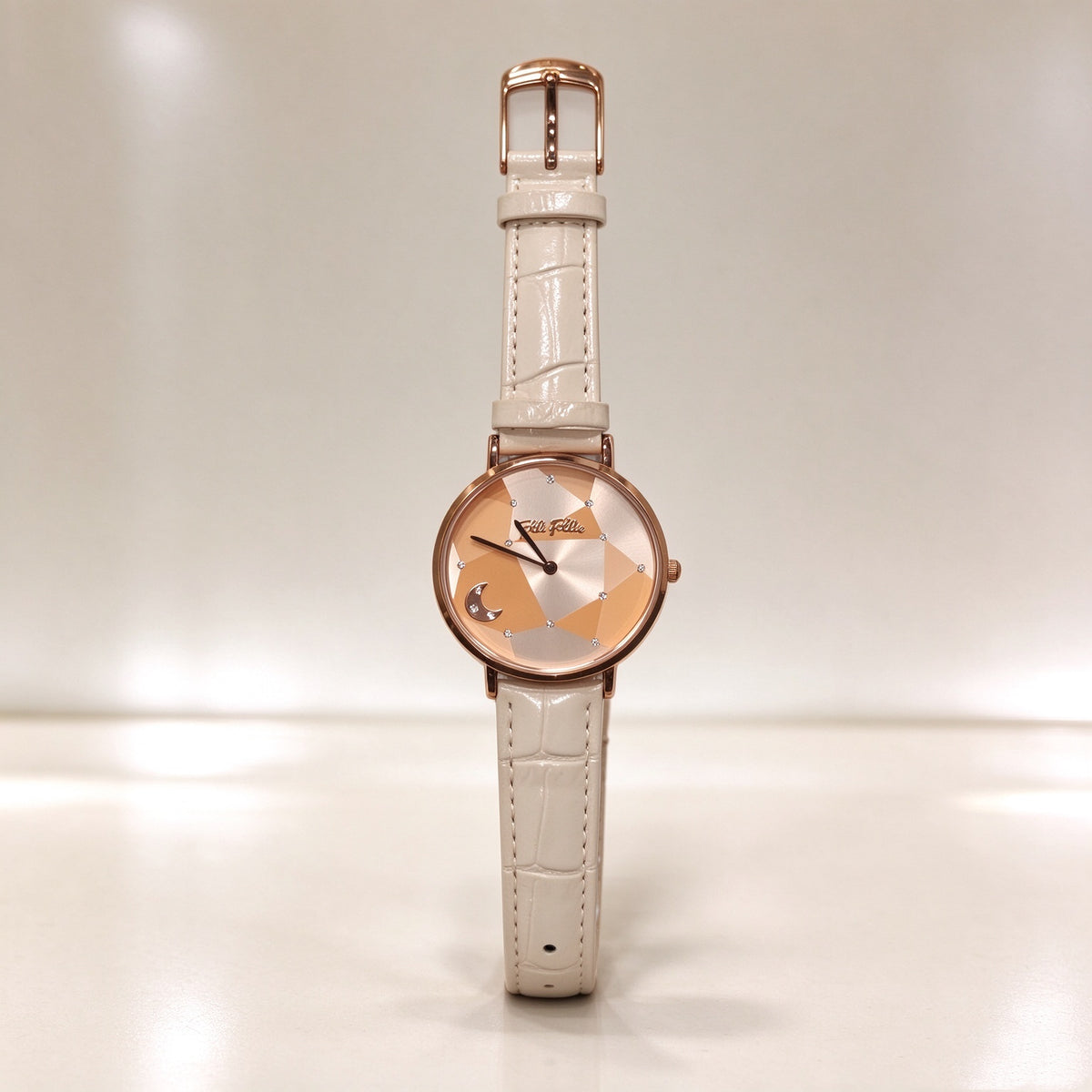 Folli Follie Women Quartz Watch, Rose Gold Geometric Moon Dial, Beige Croc Embossed Leather Strap Wristwatch
