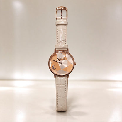 Folli Follie Women Quartz Watch, Rose Gold Geometric Moon Dial, Beige Croc Embossed Leather Strap Wristwatch