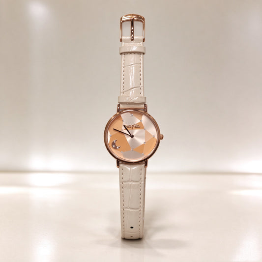 Folli Follie Women Quartz Watch, Rose Gold Geometric Moon Dial, Beige Croc Embossed Leather Strap Wristwatch