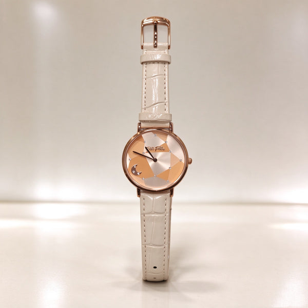Folli Follie Women Quartz Watch, Rose Gold Geometric Moon Dial, Beige Croc Embossed Leather Strap Wristwatch