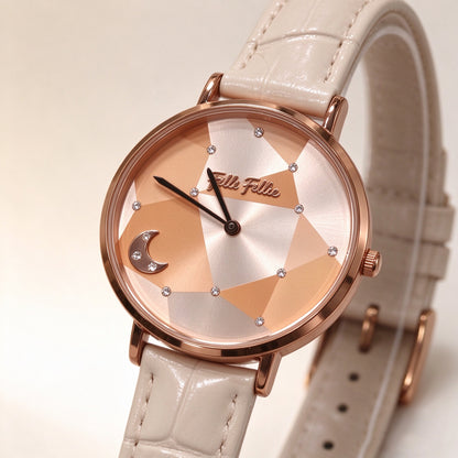 Folli Follie Women Quartz Watch, Rose Gold Geometric Moon Dial, Beige Croc Embossed Leather Strap Wristwatch