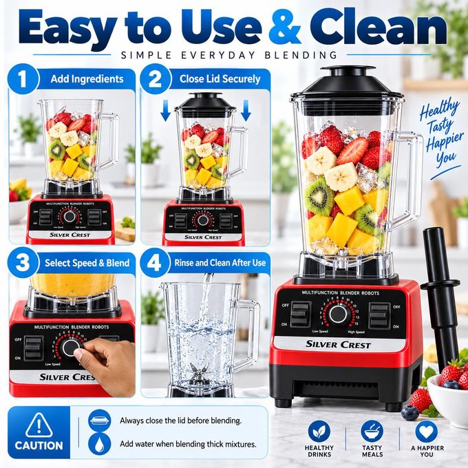 SILVER CREST LM  2.0L 1200W High-Speed Multifunction Blender with 6-Leaf Stainless Steel Blades, Large PC Jar - Red/Black