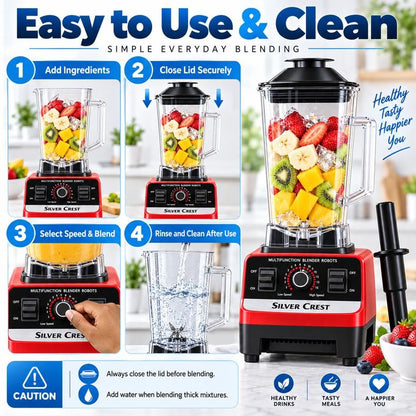 SILVER CREST LM  2.0L 1200W High-Speed Multifunction Blender with 6-Leaf Stainless Steel Blades, Large PC Jar - Red/Black