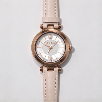 Folli Follie Ladies Watch, Rose Gold Round Case, White Leather Strap, Roman Numeral Dial Quartz Wristwatch
