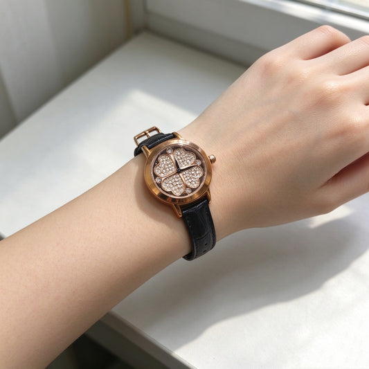 Folli Follie Women's Round Quartz Watch, Rhinestone Four-Leaf Clover Dial, Rose Gold Case Black Crocodile Texture Leather Strap Ladies Wrist Watch