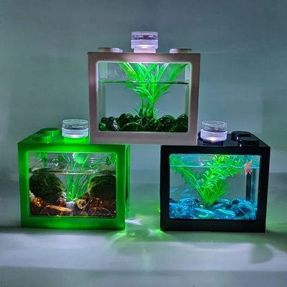 1 Pcs  Mini Betta Aquarium Fish Tank  + 2 Pcs Led Lamps  + 1 Pcs Water plant Light Home Office Desktop Tea Table Decoration Accessories for betta fish- Aquarium
