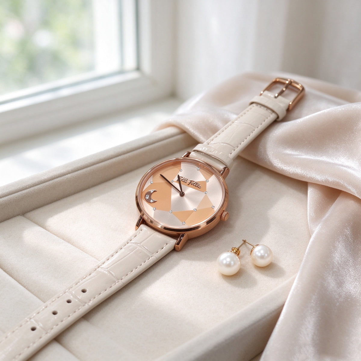 Folli Follie Women Quartz Watch, Rose Gold Geometric Moon Dial, Beige Croc Embossed Leather Strap Wristwatch