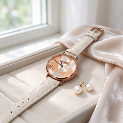 Folli Follie Women Quartz Watch, Rose Gold Geometric Moon Dial, Beige Croc Embossed Leather Strap Wristwatch