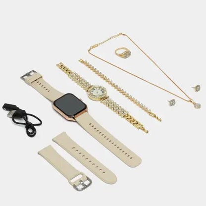 A58 Plus Smart Watch and Jewellery Gift Set for Valentine's Day Gift, Anniversary Birthday Gift. Smart Watch, Analog Watch, Necklace, Earrings, Bracelet and Ring Combo Gift Set for Girls