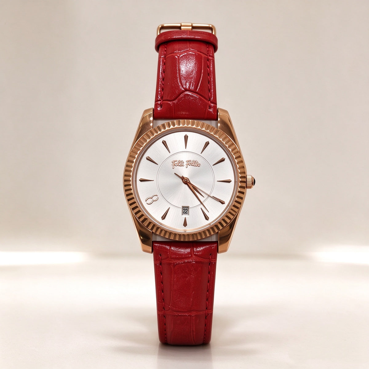 Folli Follie Women Watch, Fluted Bezel Date Quartz Wristwatch, Croc Embossed Leather Strap, 3 Colors Green, Pink & Red