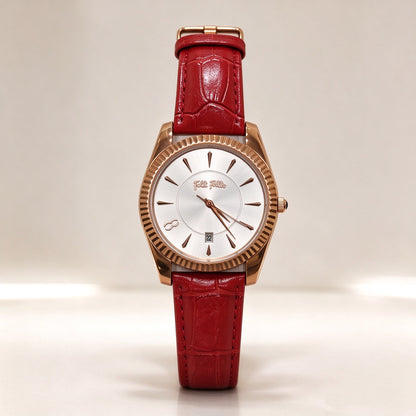Folli Follie Women Watch, Fluted Bezel Date Quartz Wristwatch, Croc Embossed Leather Strap, 3 Colors Green, Pink & Red