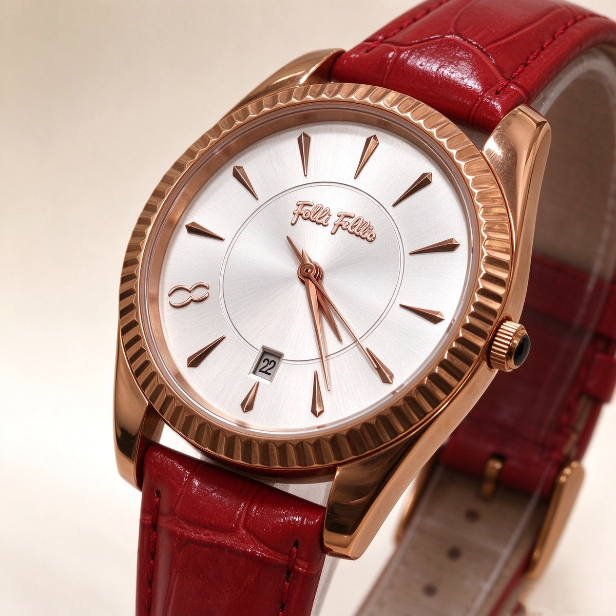Folli Follie Women Watch, Fluted Bezel Date Quartz Wristwatch, Croc Embossed Leather Strap, 3 Colors Green, Pink & Red