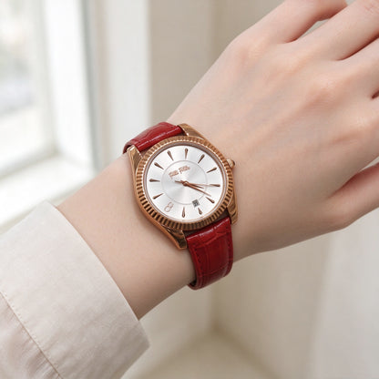Folli Follie Women Watch, Fluted Bezel Date Quartz Wristwatch, Croc Embossed Leather Strap, 3 Colors Green, Pink & Red