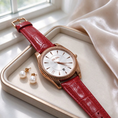 Folli Follie Women Watch, Fluted Bezel Date Quartz Wristwatch, Croc Embossed Leather Strap, 3 Colors Green, Pink & Red