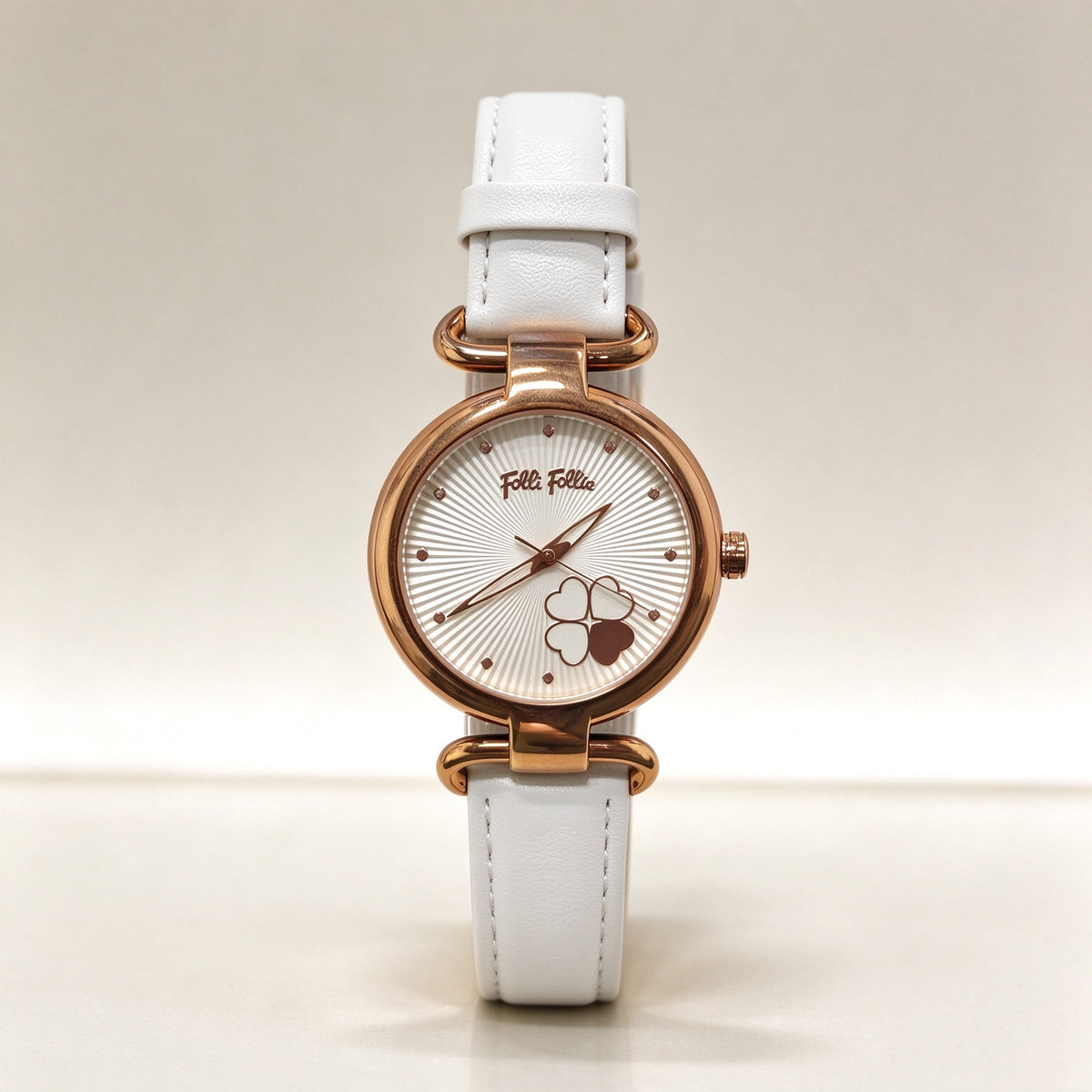 Folli Follie Women Quartz Watch, Heart Clover Sunburst Dial, White Smooth Leather Strap Elegant Wristwatch