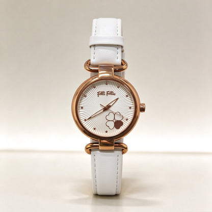 Folli Follie Women Quartz Watch, Heart Clover Sunburst Dial, White Smooth Leather Strap Elegant Wristwatch