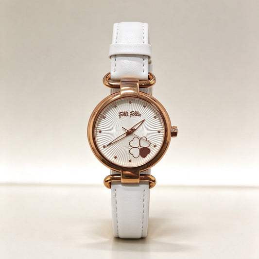 Folli Follie Women Quartz Watch, Heart Clover Sunburst Dial, White Smooth Leather Strap Elegant Wristwatch