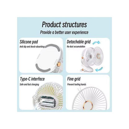 usb charging fan with 4 wind speeds, 720°, ambient light, night light and clip-on fan