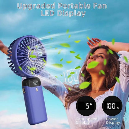 CYFAZA Portable Handheld Fan with LED Display, 90° Foldable, 5 Speed Wind,Hand Held/Neck/Desk 3 in 1 Personal Small Fans, Makeup Fans for Women
