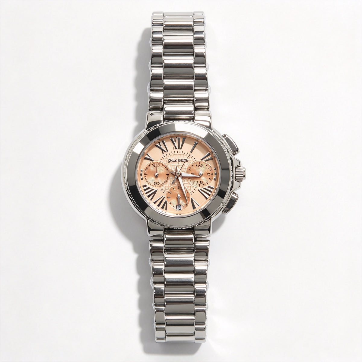 Folli Follie Silver Stainless Steel Chronograph Ladies Watch, Peach Dial Roman Numeral Multi-Function Wristwatch with Date Display