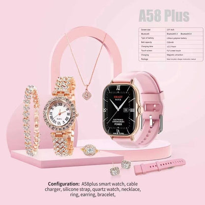 A58 Plus Smart Watch and Jewellery Gift Set for Valentine's Day Gift, Anniversary Birthday Gift. Smart Watch, Analog Watch, Necklace, Earrings, Bracelet and Ring Combo Gift Set for Girls
