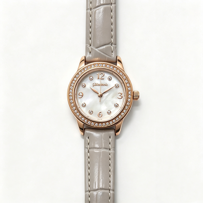 Folli Follie Women’s Watch, Rose Gold Diamond Bezel Mother of Pearl Dial Light Grey Croc Leather Strap Quartz Wrist Watch