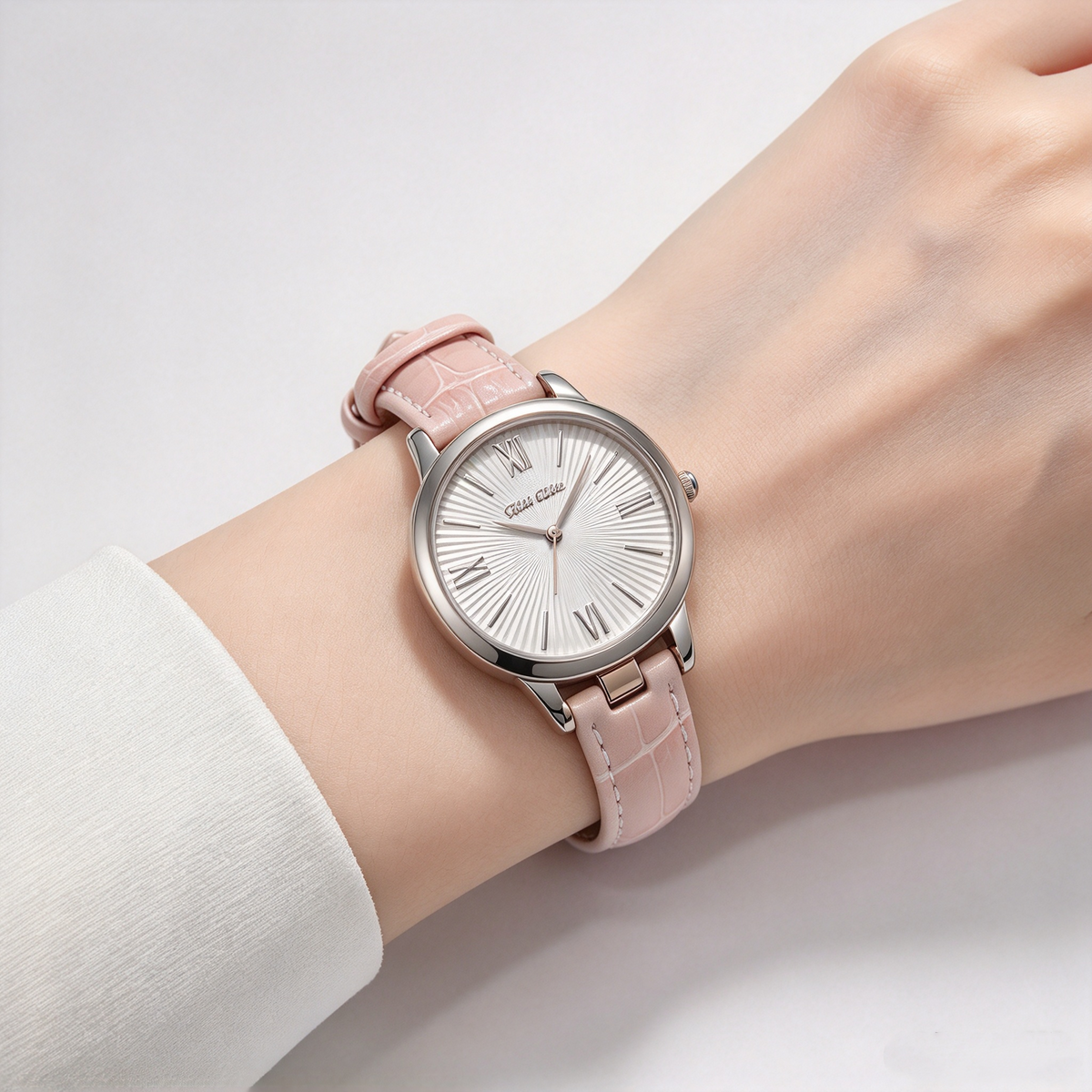Folli Follie Women's Quartz Watch, Round Silver Case, Pink Crocodile Texture Leather Strap, Roman Numeral Dial, Elegant Casual Ladies Wristwatch