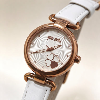Folli Follie Women Quartz Watch, Heart Clover Sunburst Dial, White Smooth Leather Strap Elegant Wristwatch