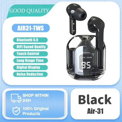 Air31 Transparent TWS Wireless Earbuds - Bluetooth 5.3 Stereo Headset with Heavy Bass & Digital Display - Touch Control Gaming Sports Headphone
