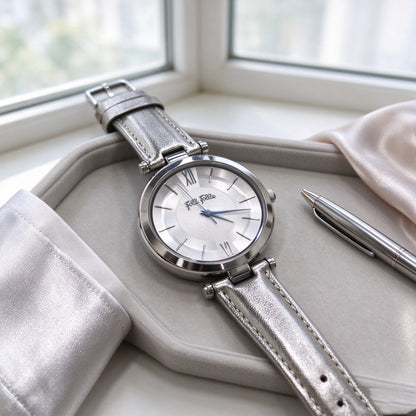 Folli Follie Ladies Watch, Rose Gold Round Case, White Leather Strap, Roman Numeral Dial Quartz Wristwatch